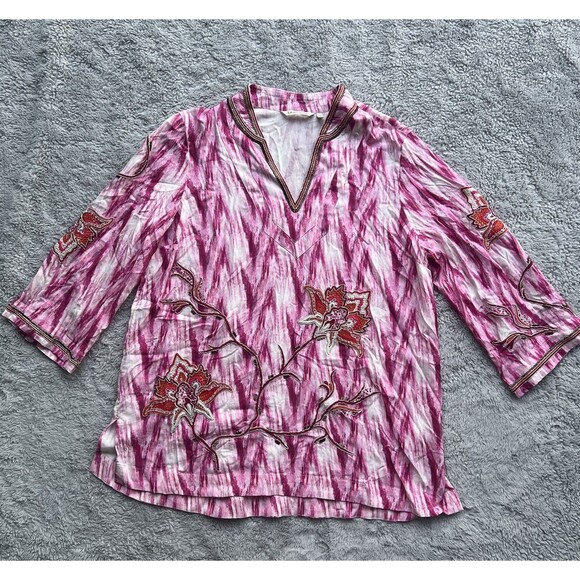 Soft Surroundings Altea Ikat Pink Floral Tunic Blouse Beaded Embroidered Size XL - Picture 2 of 10